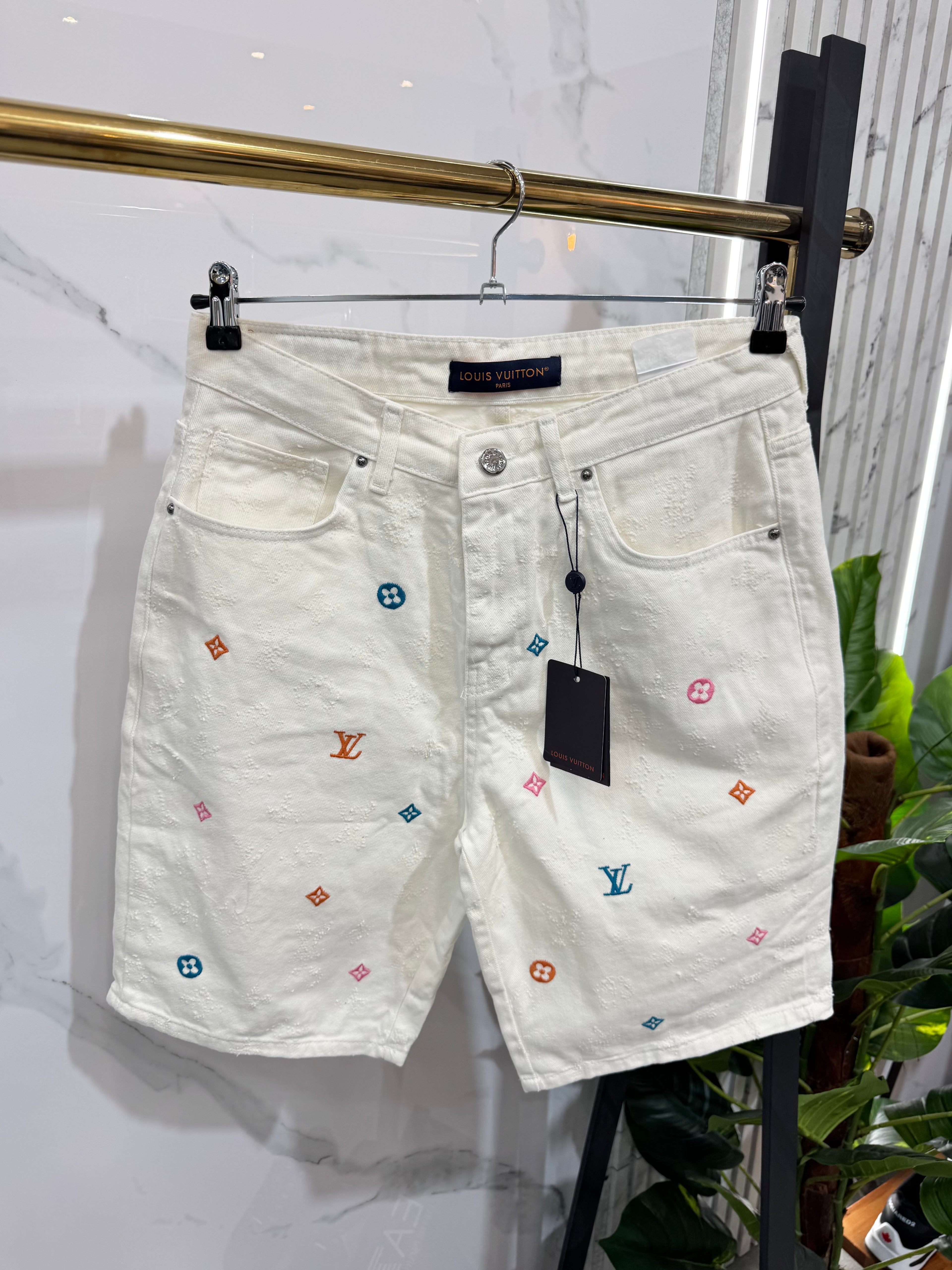 Louis Vuitton Monogram Embroidered White Denim Shorts - NEW1654