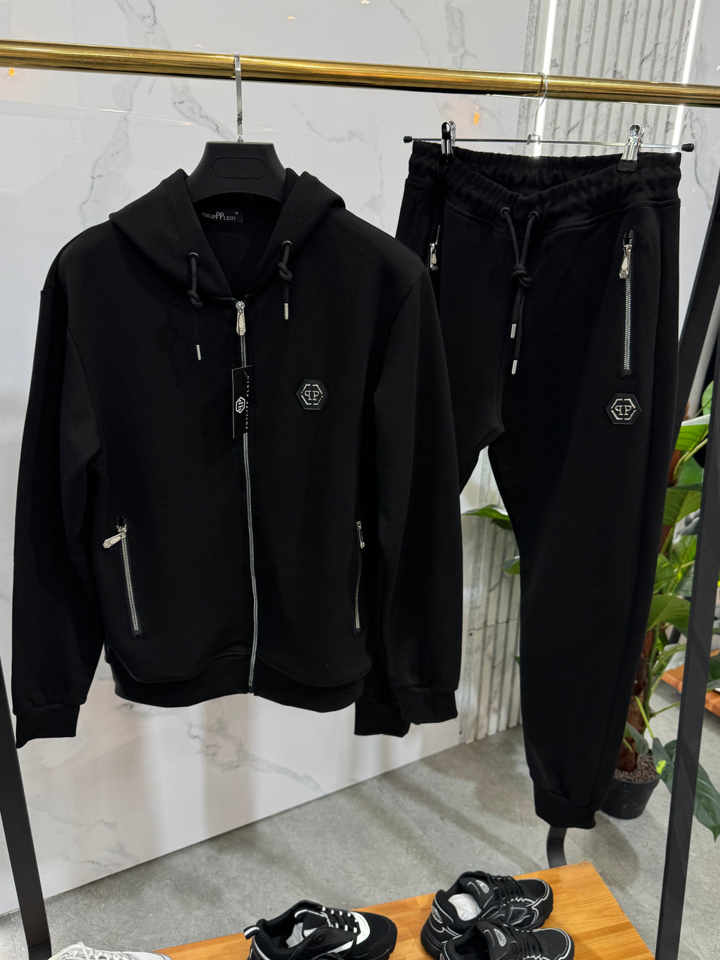 PHILIPP PLEIN Hexagon Logo Zip-Up Tracksuit – Black - NEW1945
