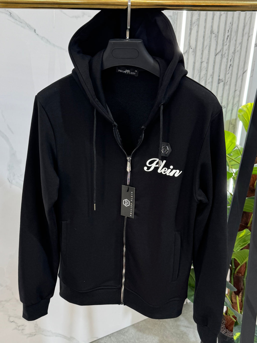 PHILIPP PLEIN Script Logo Hexagon Zipped Hoodie – Black - NEW1980