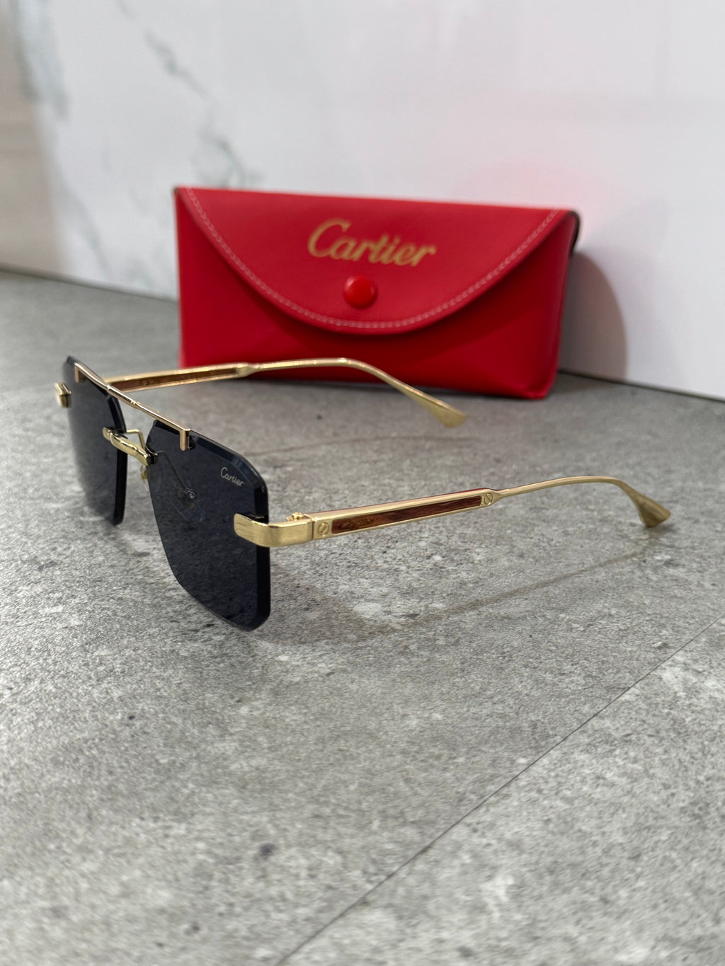 CARTIER Double Bridge Rimless Sunglasses – Gold / Dark Blue - NEW1908