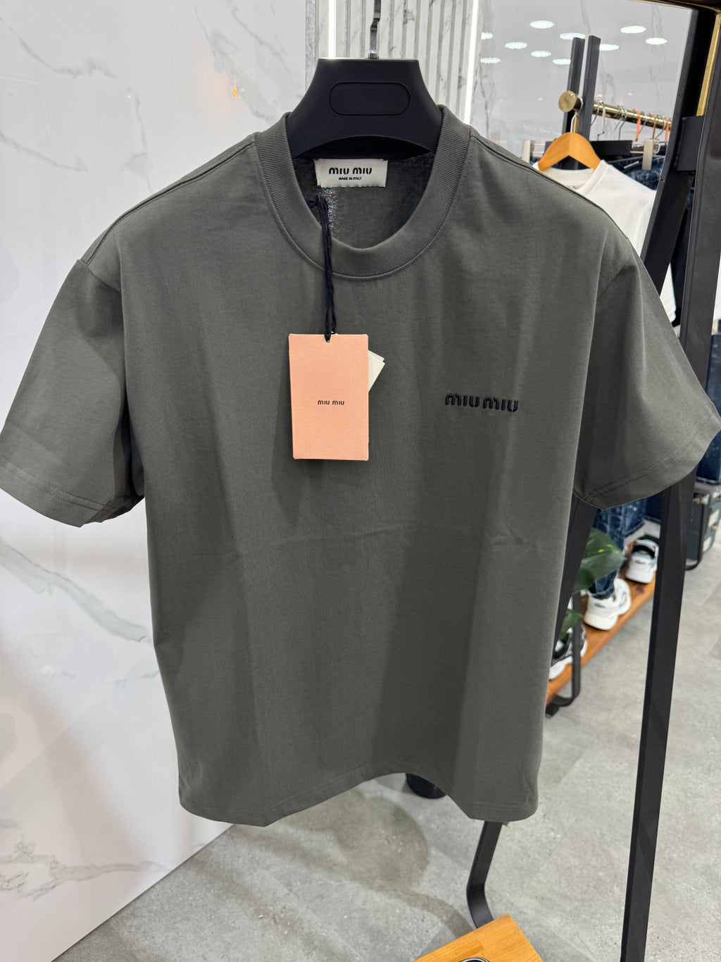 MIU MIU Embroidered Logo T-Shirt – Khaki / Olive - NEW1775