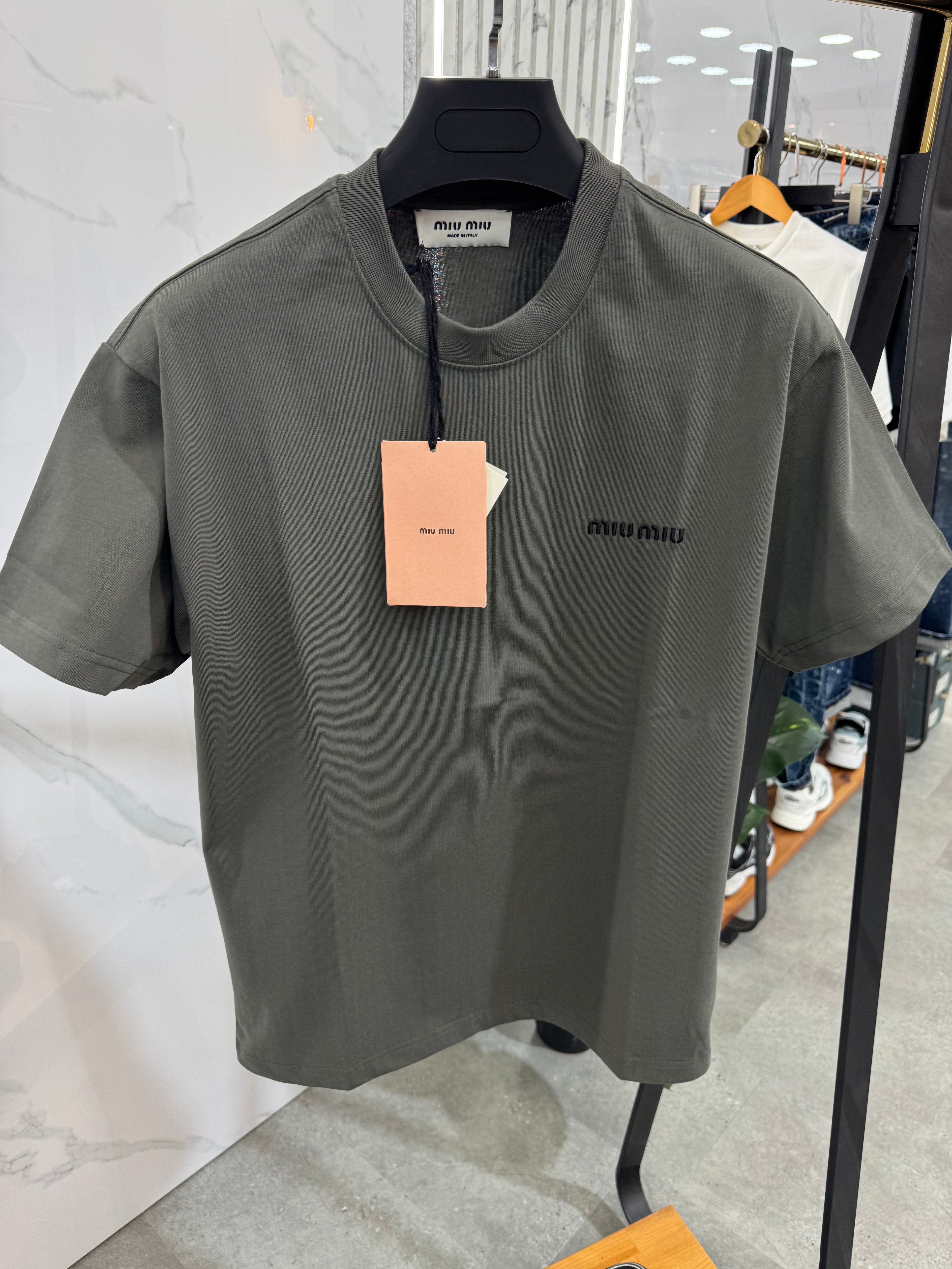 MIU MIU Embroidered Logo T-Shirt – Khaki / Olive - NEW1775