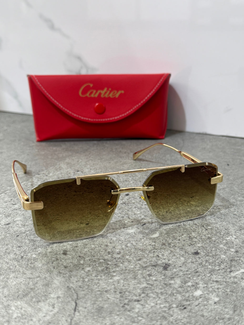 CARTIER Double Bridge Rimless Sunglasses – Gold / Gradient Brown - NEW1904