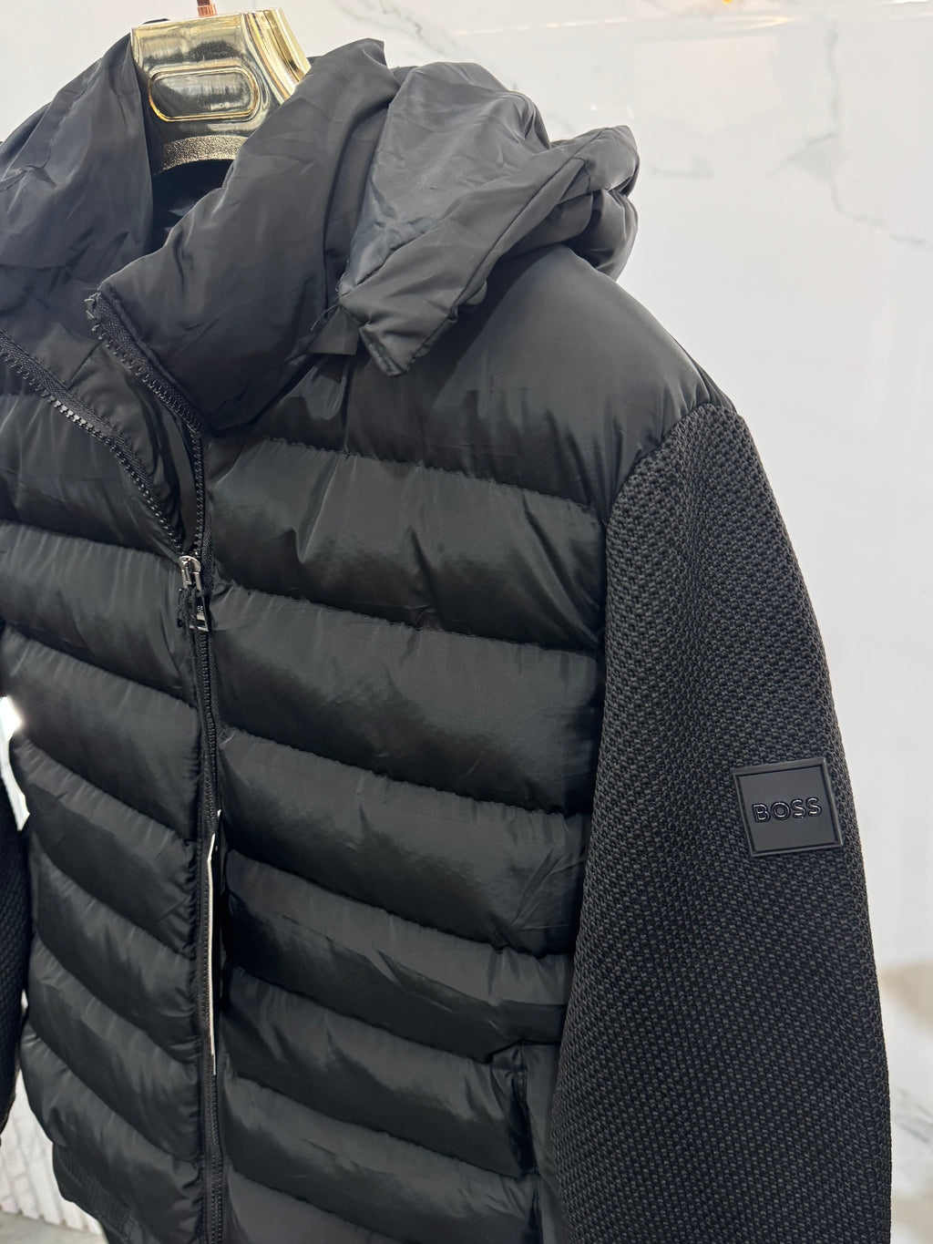 BOSS Hybrid Knit & Down Puffer Jacket – Black - NEW1931