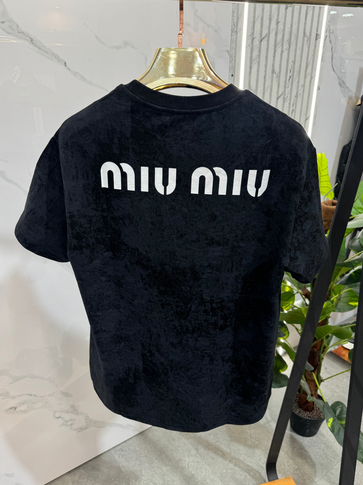 MIU MIU Acid-Wash Velvet Logo T-Shirt – Black - NEW1918