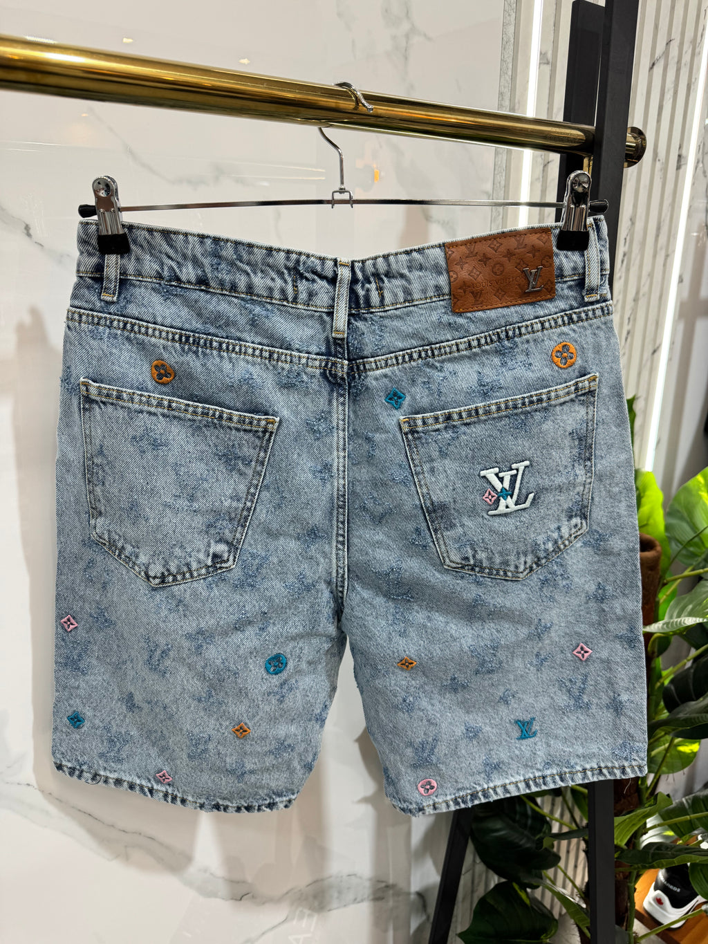 Louis Vuitton Monogram Embroidered Acid Wash Denim Shorts - NEW1655