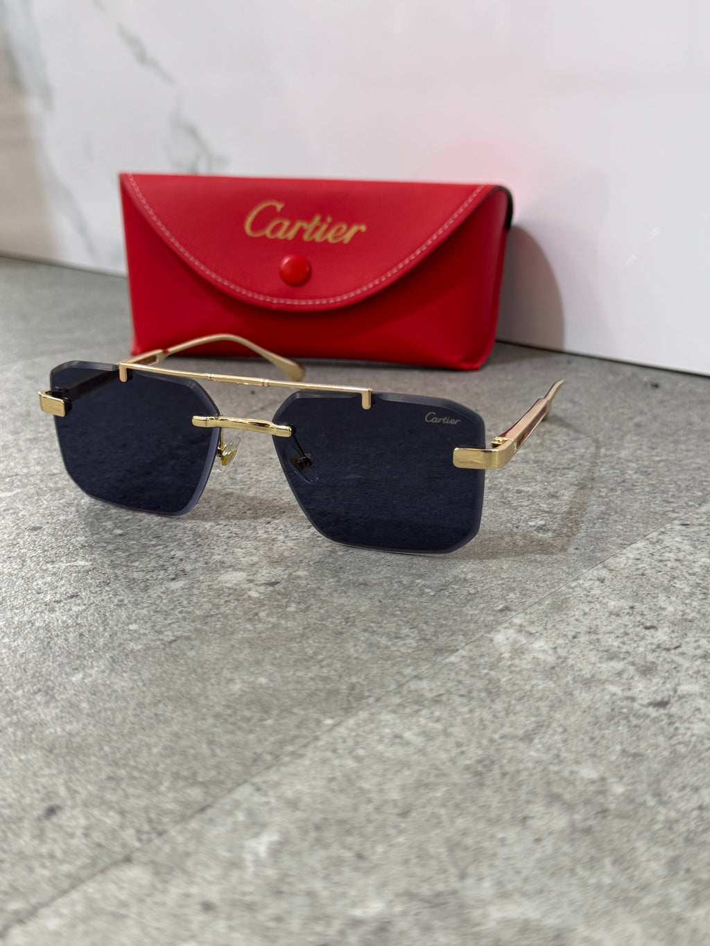 CARTIER Double Bridge Rimless Sunglasses – Gold / Dark Blue - NEW1908