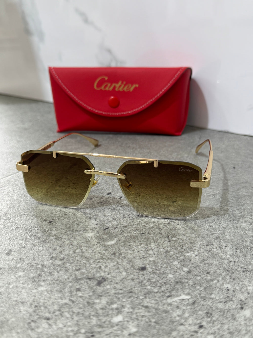 CARTIER Double Bridge Rimless Sunglasses – Gold / Gradient Brown - NEW1904