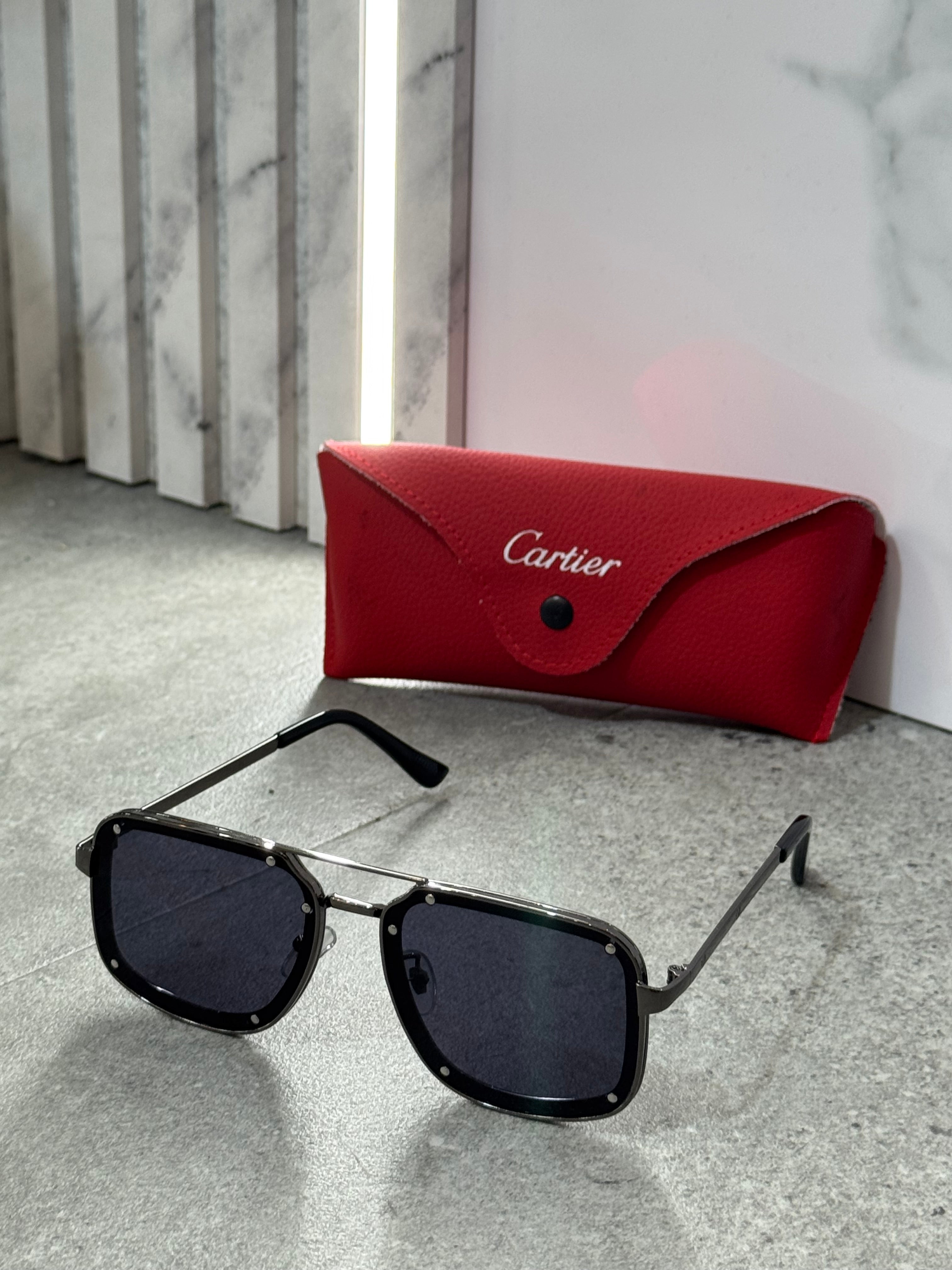 CARTIER Santos Rivet Square Sunglasses – Gunmetal / Black - NEW1790