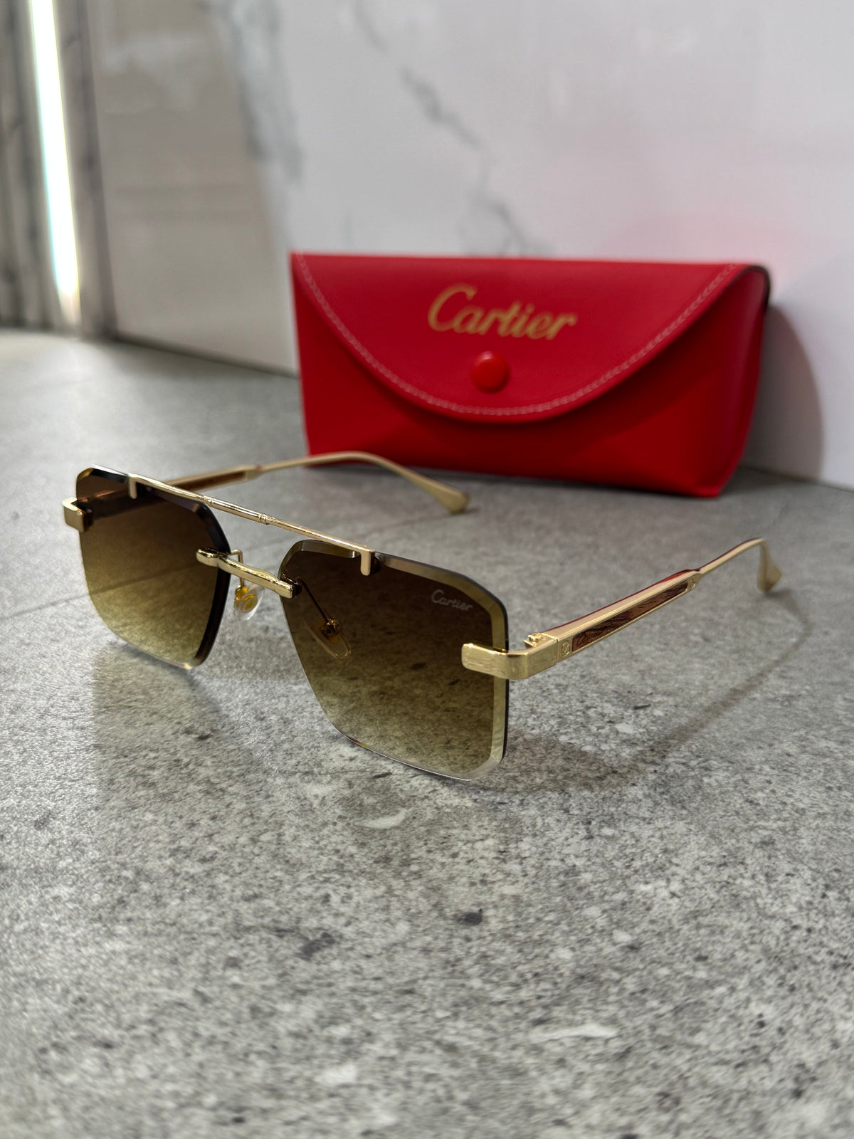 CARTIER Double Bridge Rimless Sunglasses – Gold / Gradient Brown - NEW1904