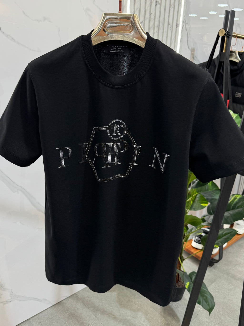 PHILIPP PLEIN Rhinestone Hexagon T-Shirt – Black - NEW1898
