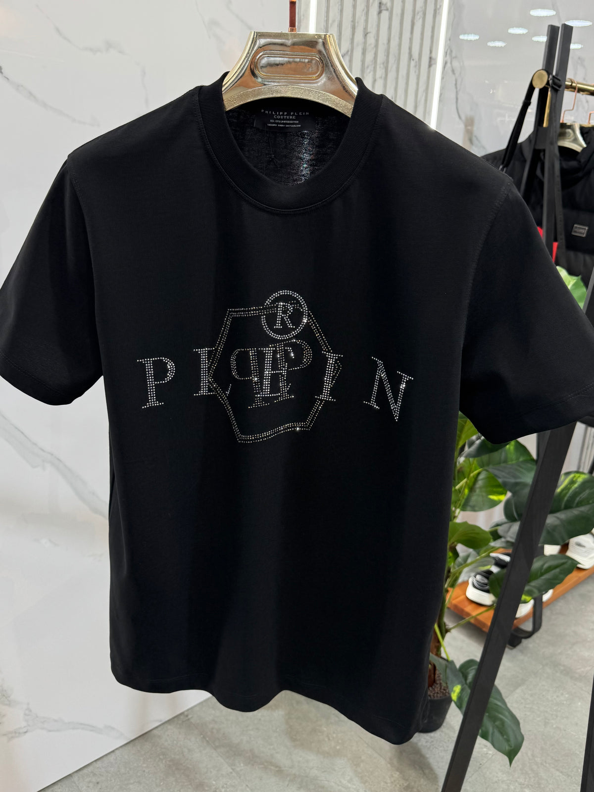 PHILIPP PLEIN Rhinestone Hexagon T-Shirt – Black - NEW1898
