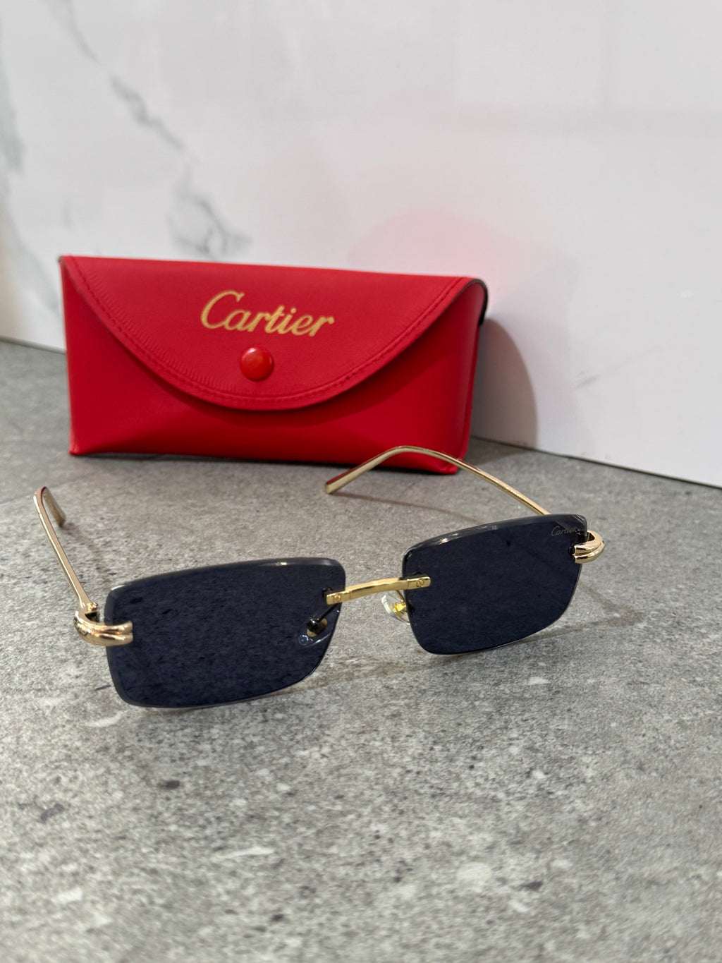 CARTIER C Décor Rimless Sunglasses – Gold / Dark Navy - NEW1905