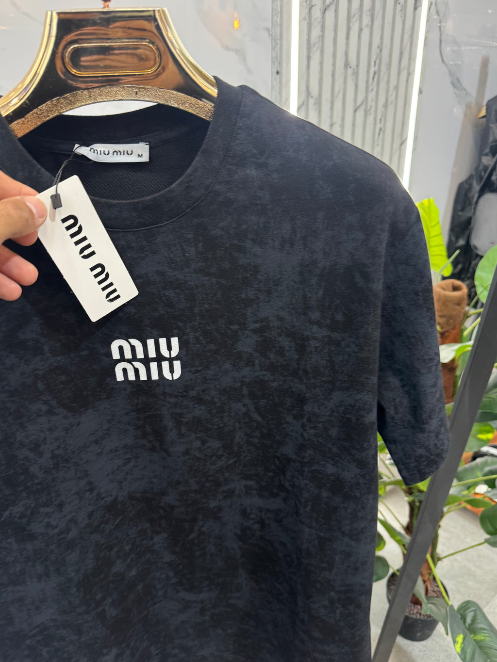 MIU MIU Acid-Wash Velvet Logo T-Shirt – Black - NEW1918