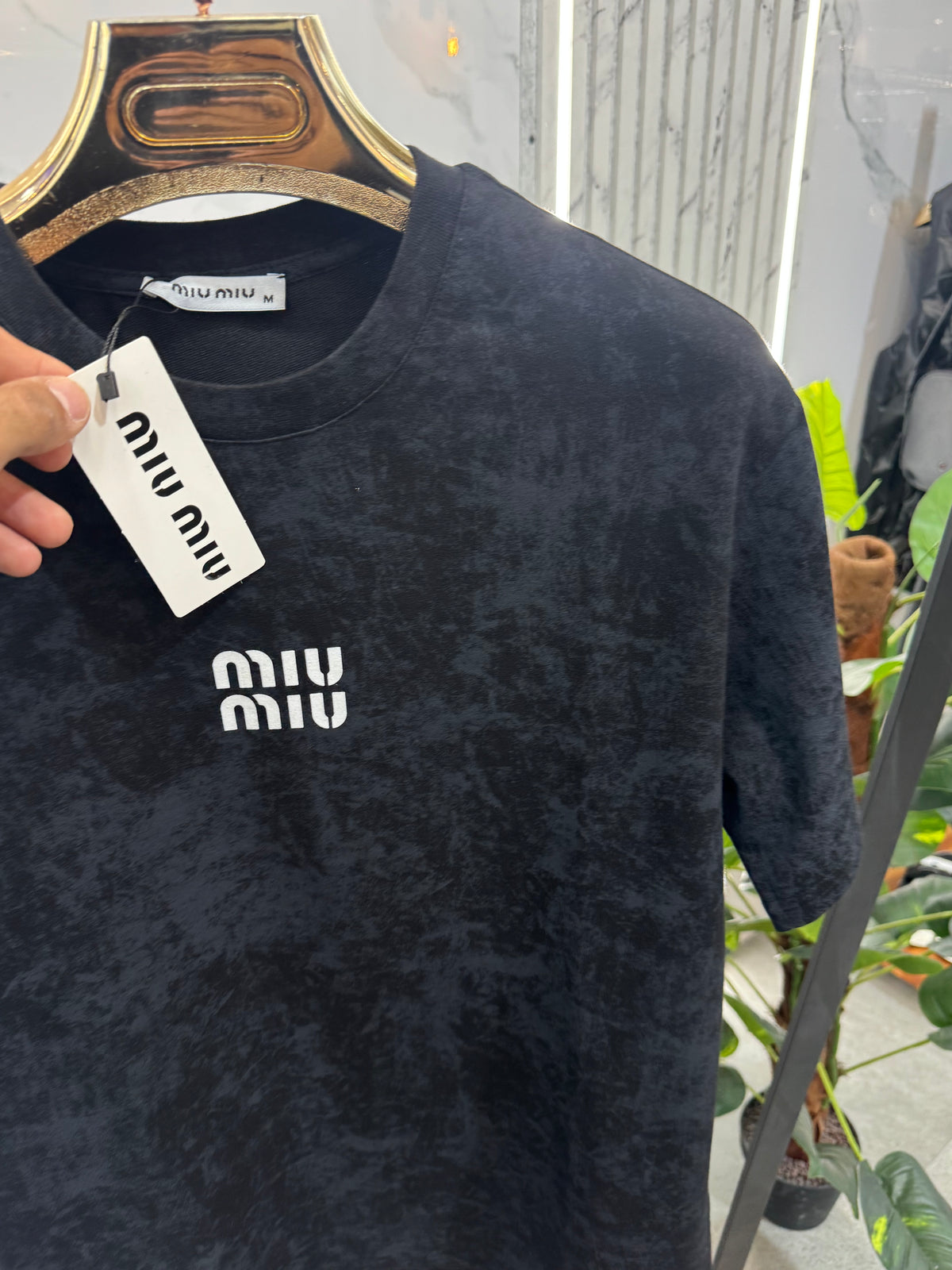MIU MIU Acid-Wash Velvet Logo T-Shirt – Black - NEW1918