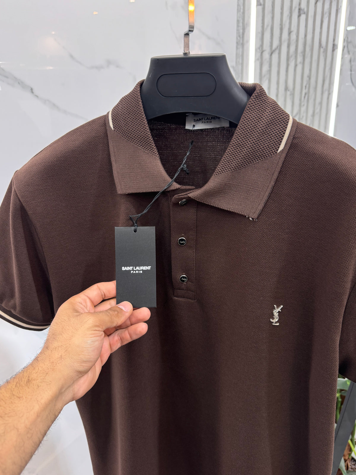 SAINT LAURENT Tipped Collar Cassandre Embroidered Short-Sleeve Polo Shirt – Brown - NEW1969