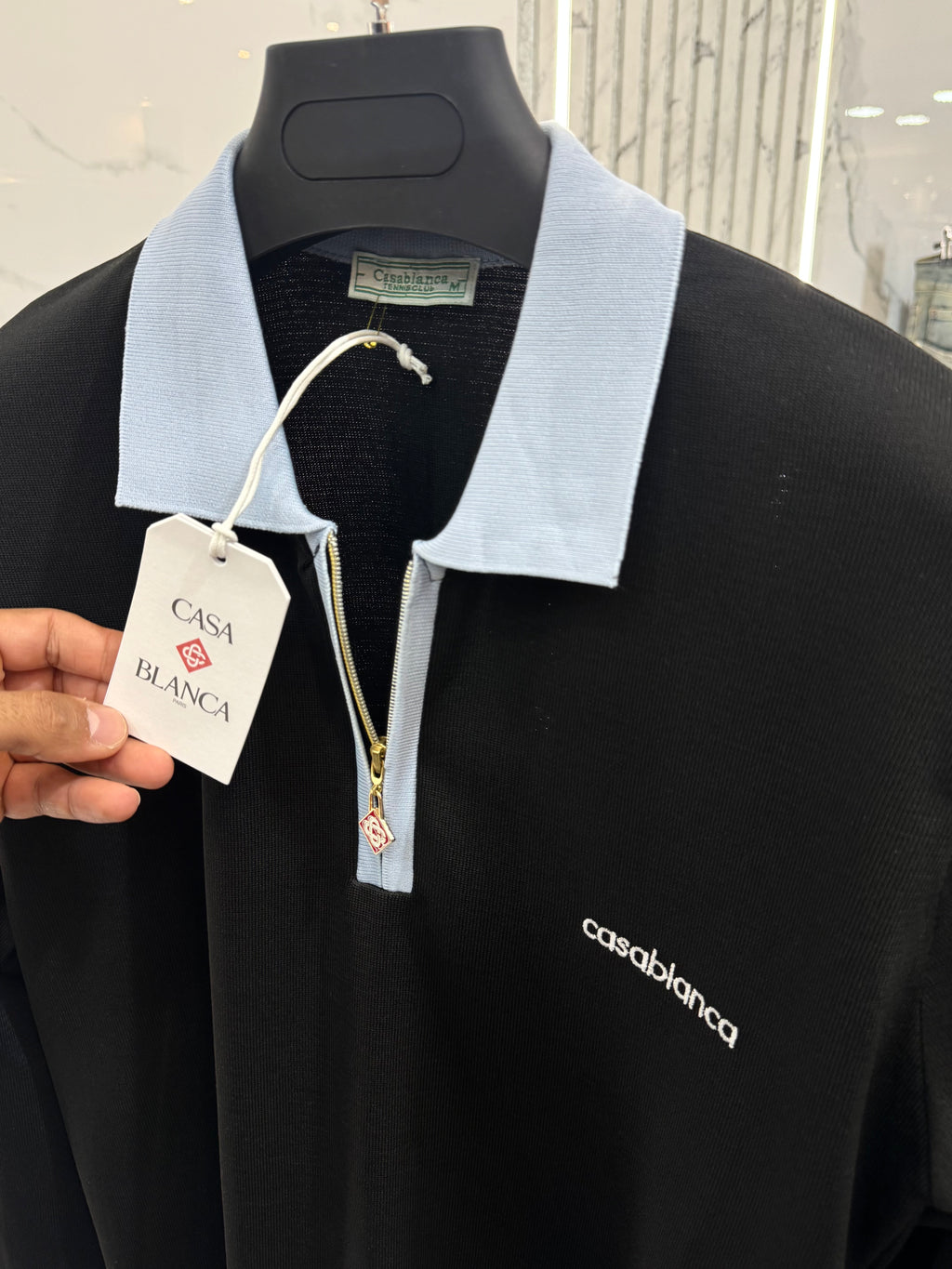 CASABLANCA Long-Sleeve Zip-Collar Polo – Black / Light Blue - NEW1864