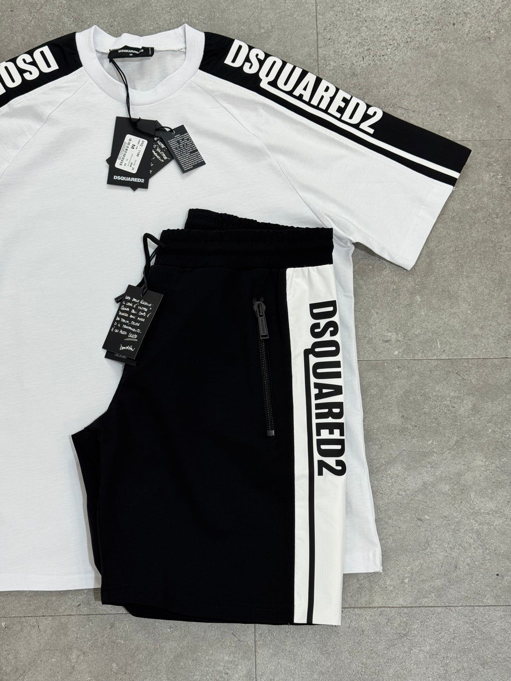 DSQUARED2 Side-Stripe Logo T-Shirt & Shorts Set – White/Black - NEW1785