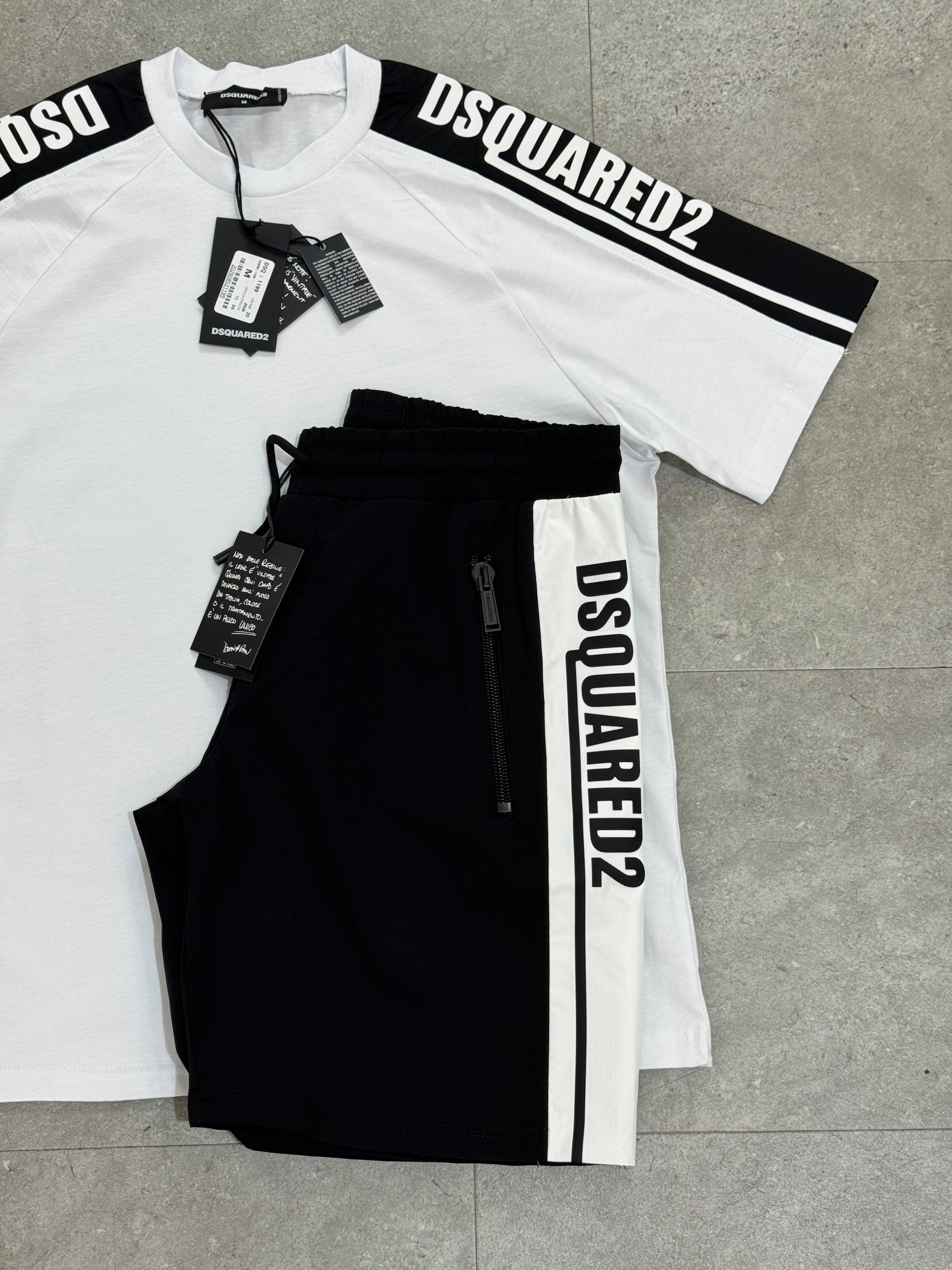 DSQUARED2 Side-Stripe Logo T-Shirt & Shorts Set – White/Black - NEW1785