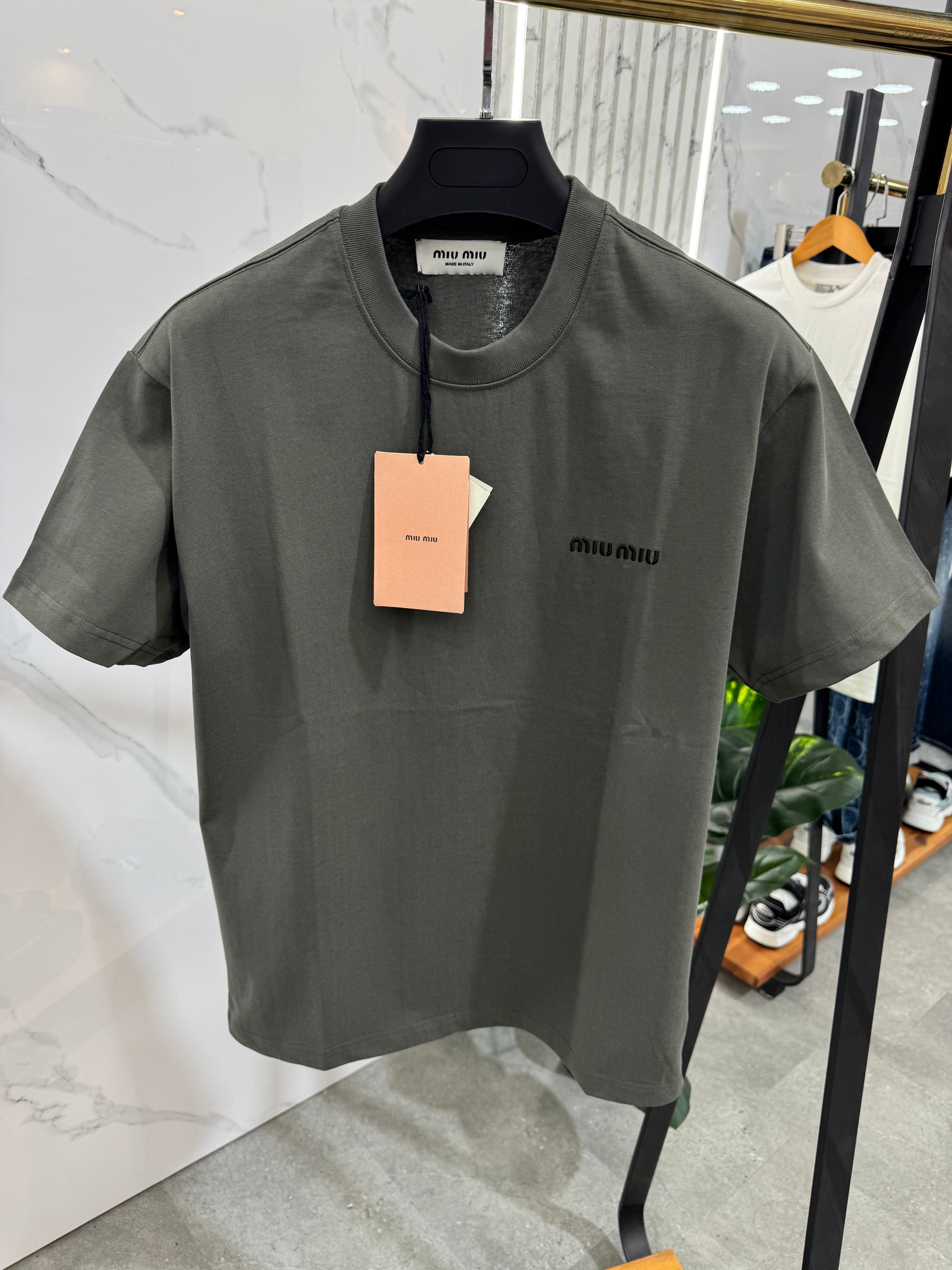 MIU MIU Embroidered Logo T-Shirt – Khaki / Olive - NEW1775