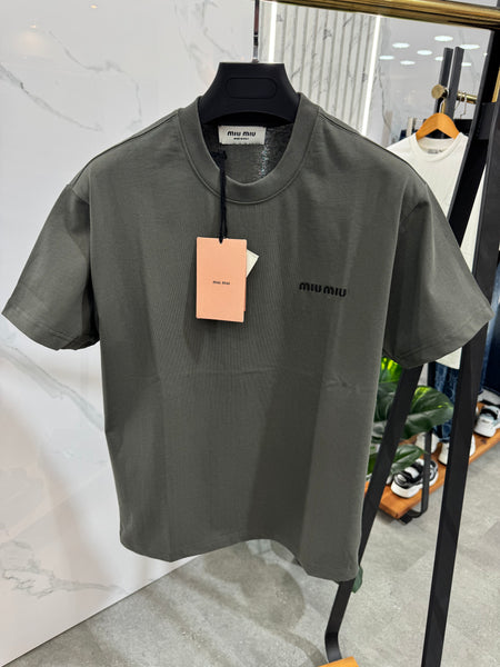 MIU MIU Embroidered Logo T-Shirt – Khaki / Olive - NEW1775
