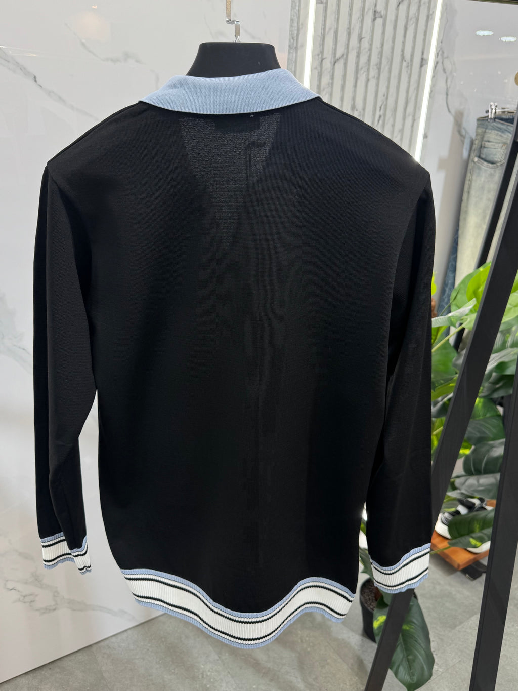 CASABLANCA Long-Sleeve Zip-Collar Polo – Black / Light Blue - NEW1864
