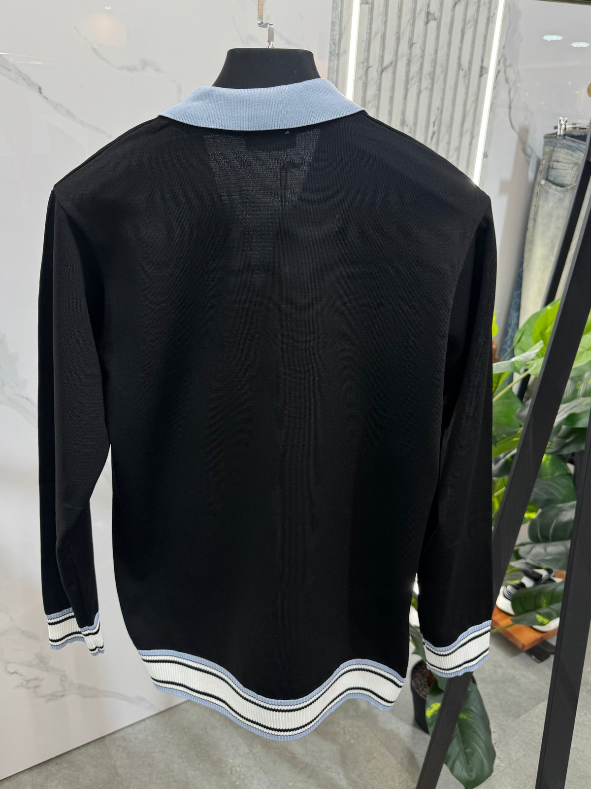 CASABLANCA Long-Sleeve Zip-Collar Polo – Black / Light Blue - NEW1864