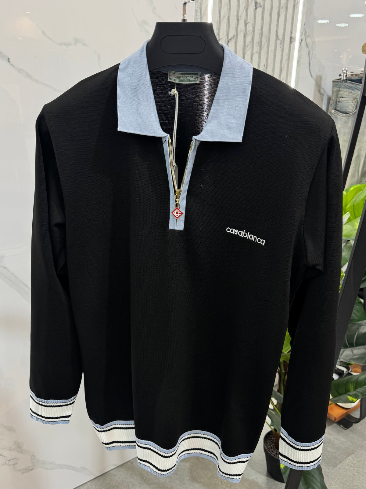 CASABLANCA Long-Sleeve Zip-Collar Polo – Black / Light Blue - NEW1864
