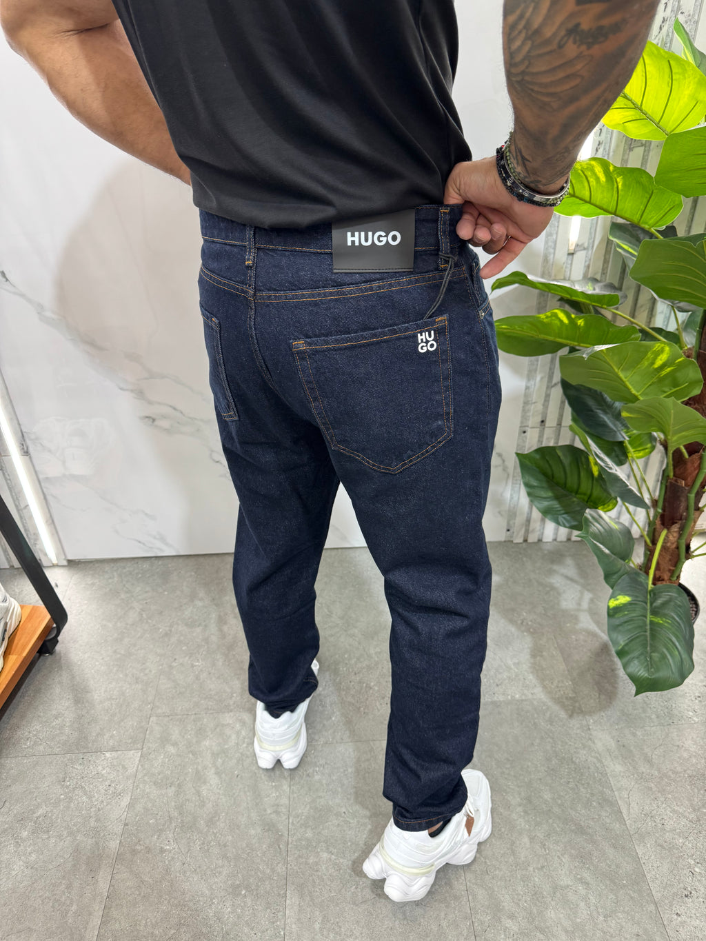 HUGO Embroidered Pocket Raw Slim Denim Jeans – Dark Raw Indigo - NEW1997