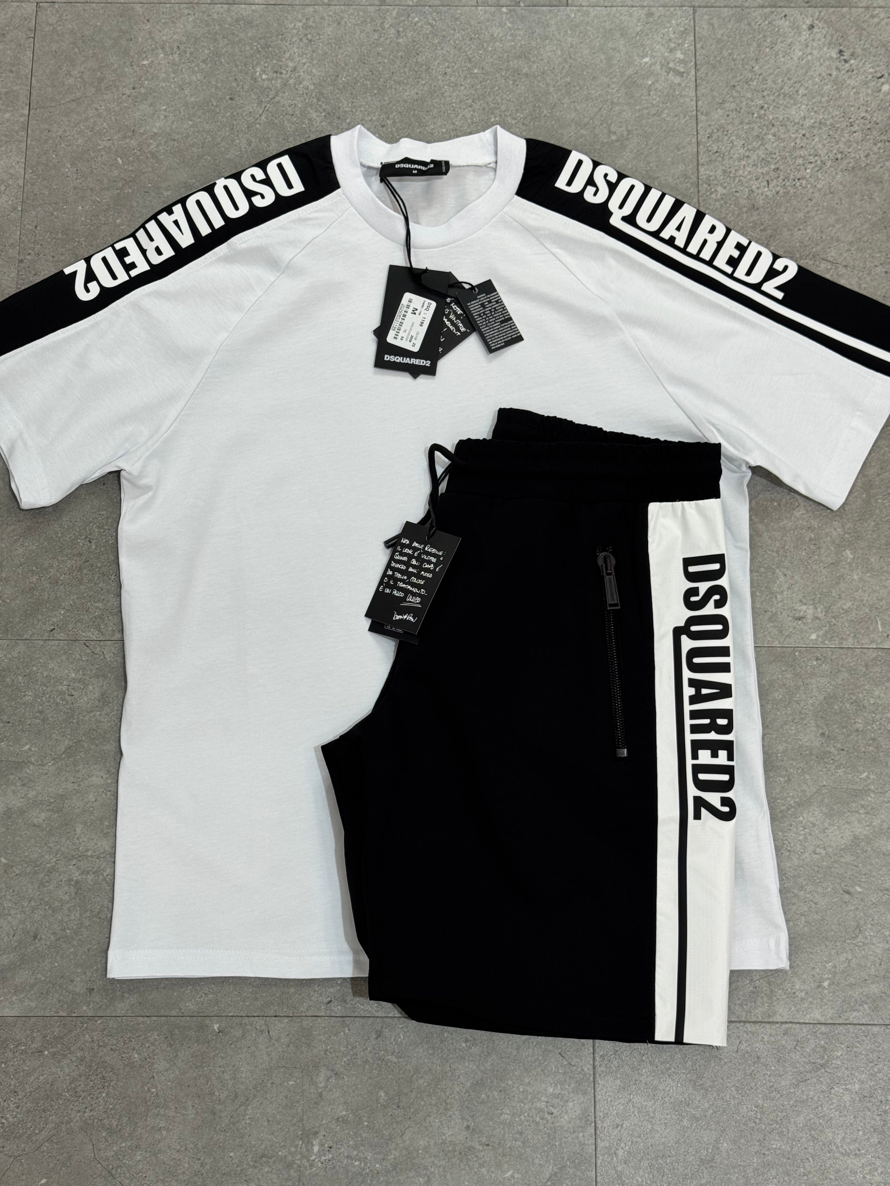 DSQUARED2 Side-Stripe Logo T-Shirt & Shorts Set – White/Black - NEW1785