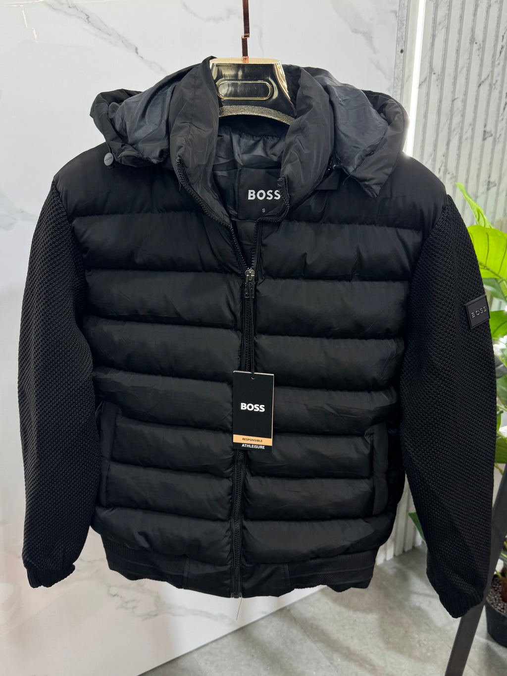 BOSS Hybrid Knit & Down Puffer Jacket – Black - NEW1931