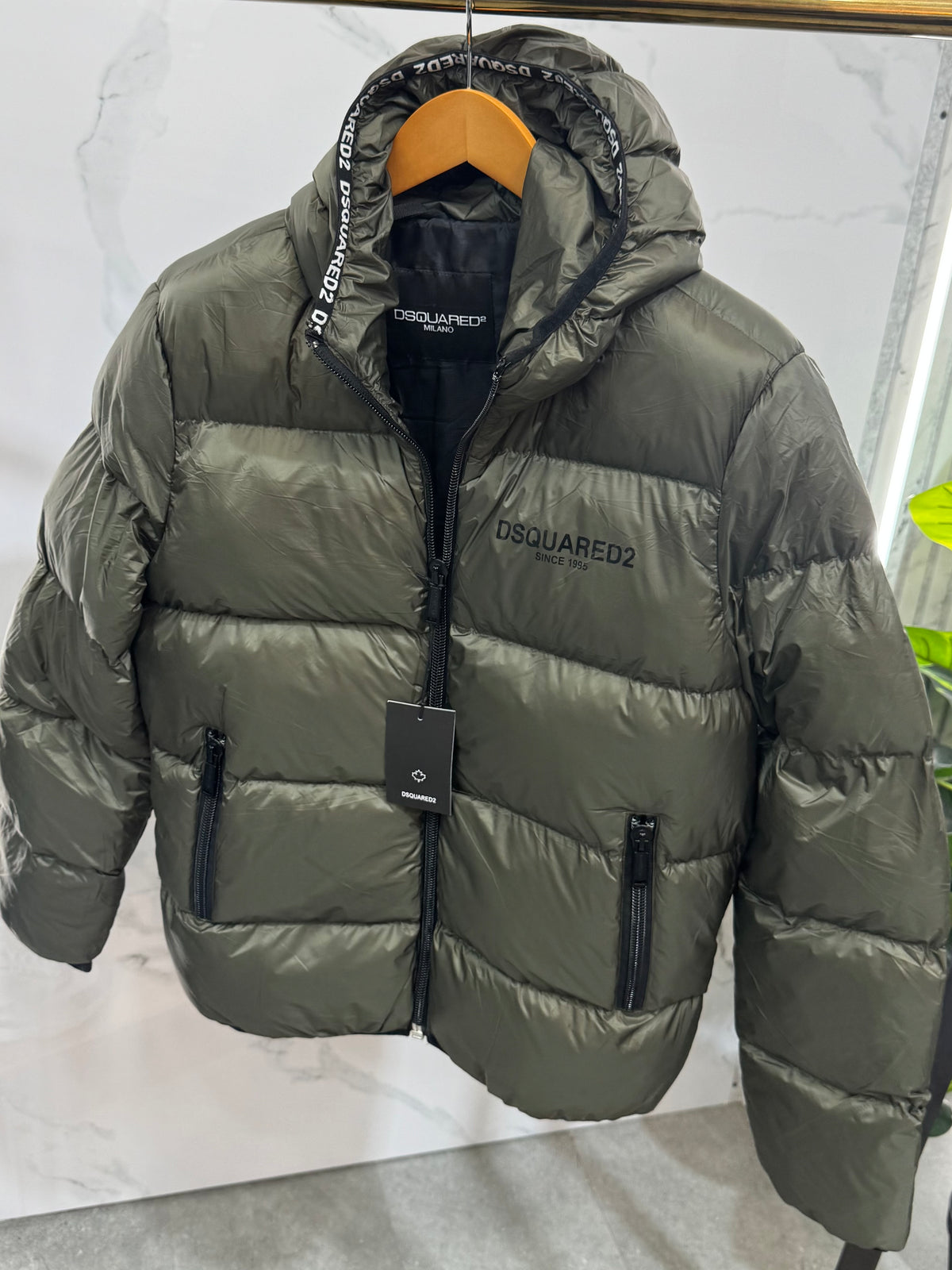 Glossy Hooded Puffer Jacket – Khaki - NEW1934