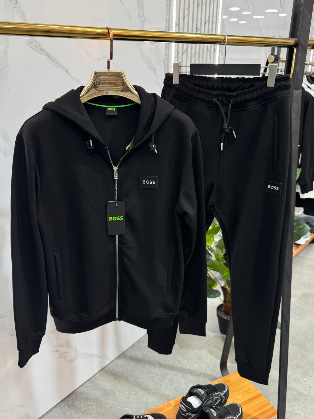 BOSS Silicone Patch Zipped Hoodie Tracksuit Set – Black - NEW1988