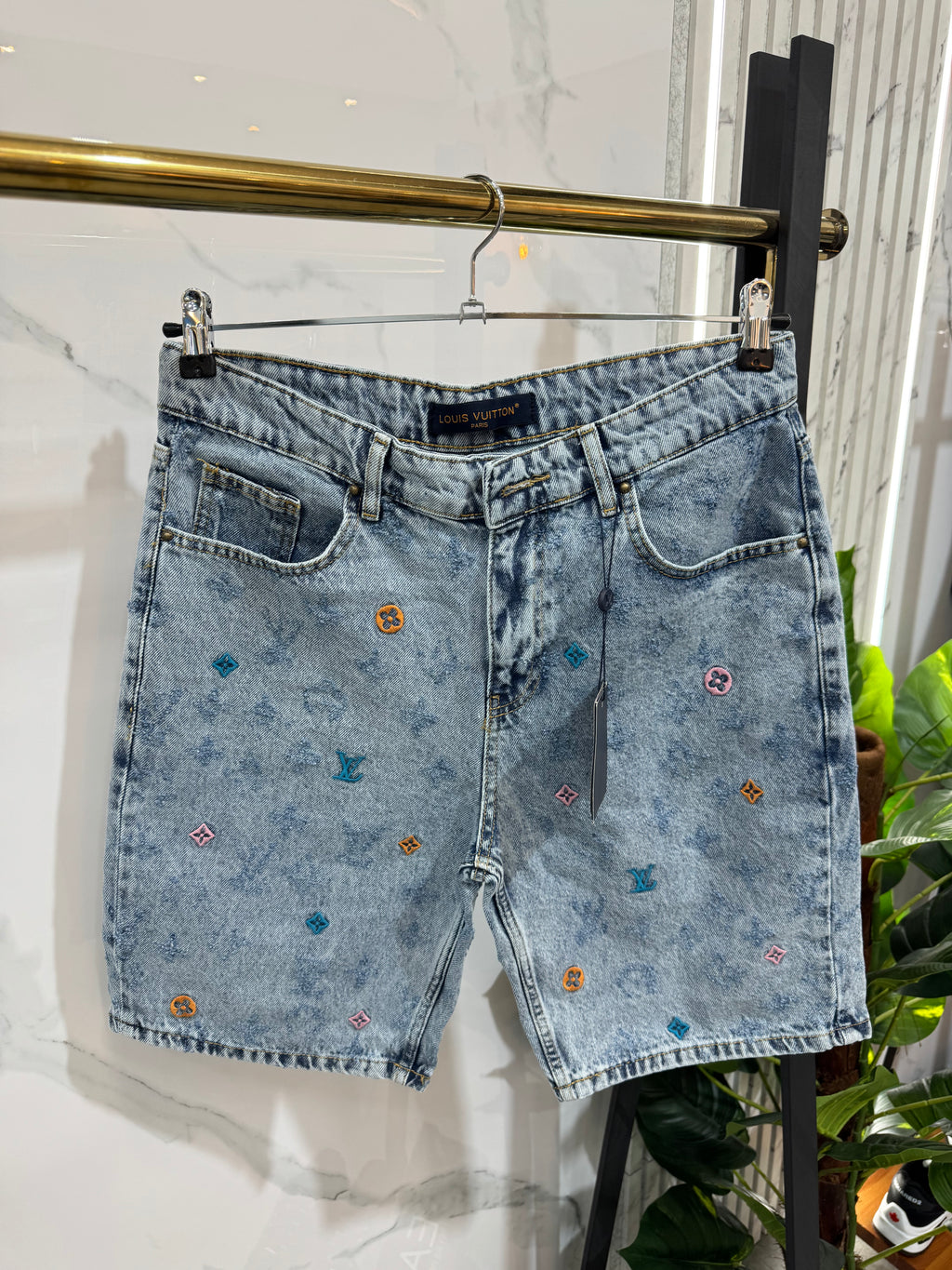 Louis Vuitton Monogram Embroidered Acid Wash Denim Shorts - NEW1655