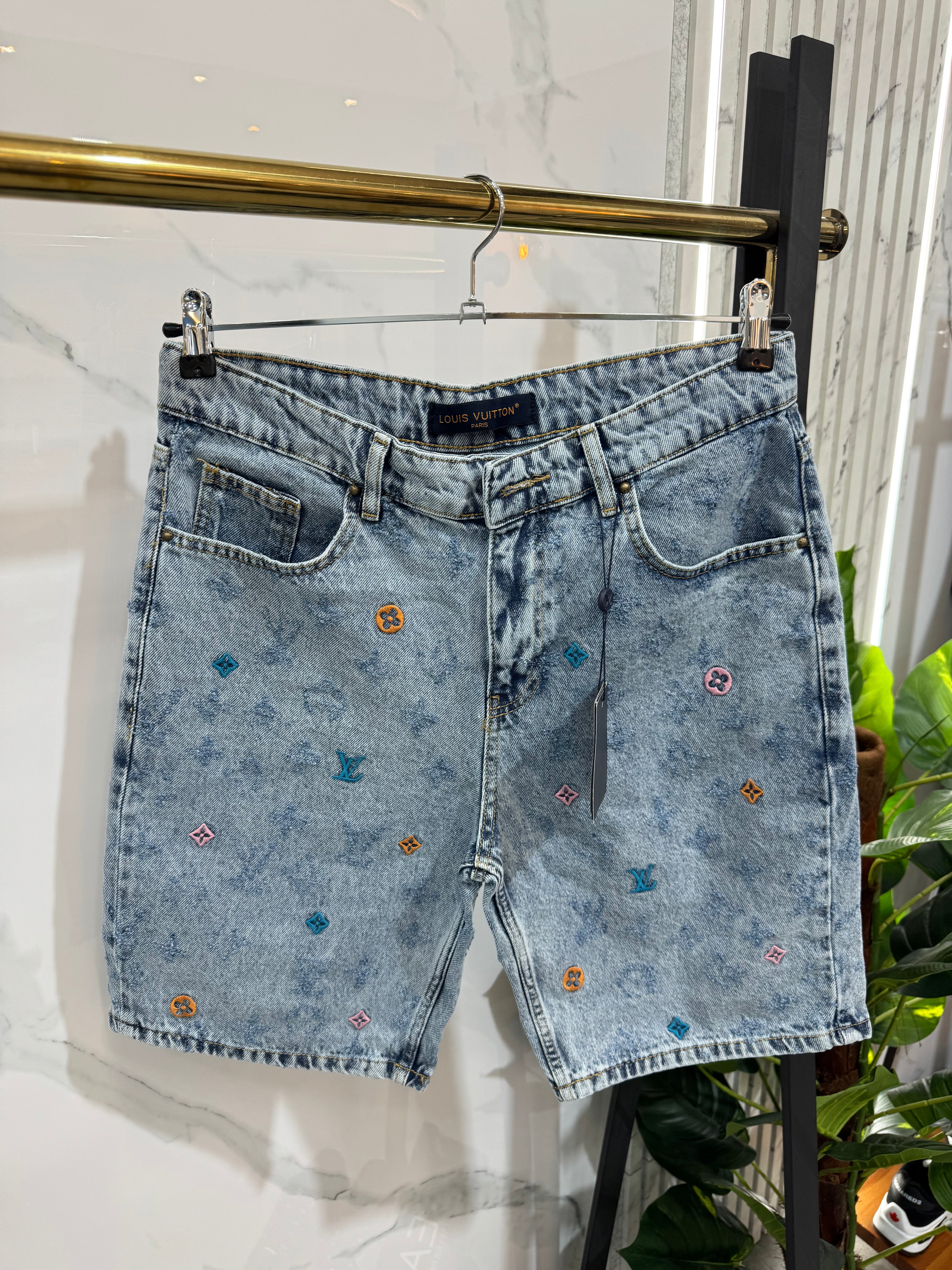 Louis Vuitton Monogram Embroidered Acid Wash Denim Shorts - NEW1655
