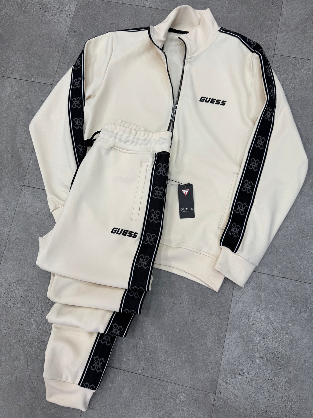 GUESS Logo Tape Tracksuit Set – Cream / Black - NEW1987