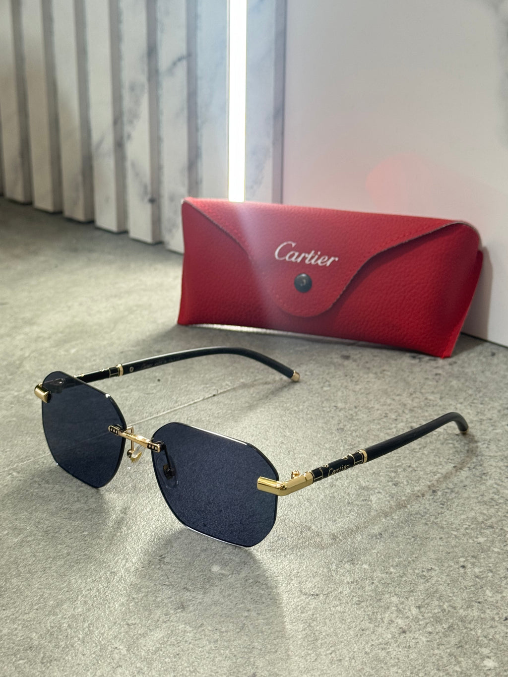 CARTIER Rimless Octagon Sunglasses – Gold / Dark Blue NEW1797