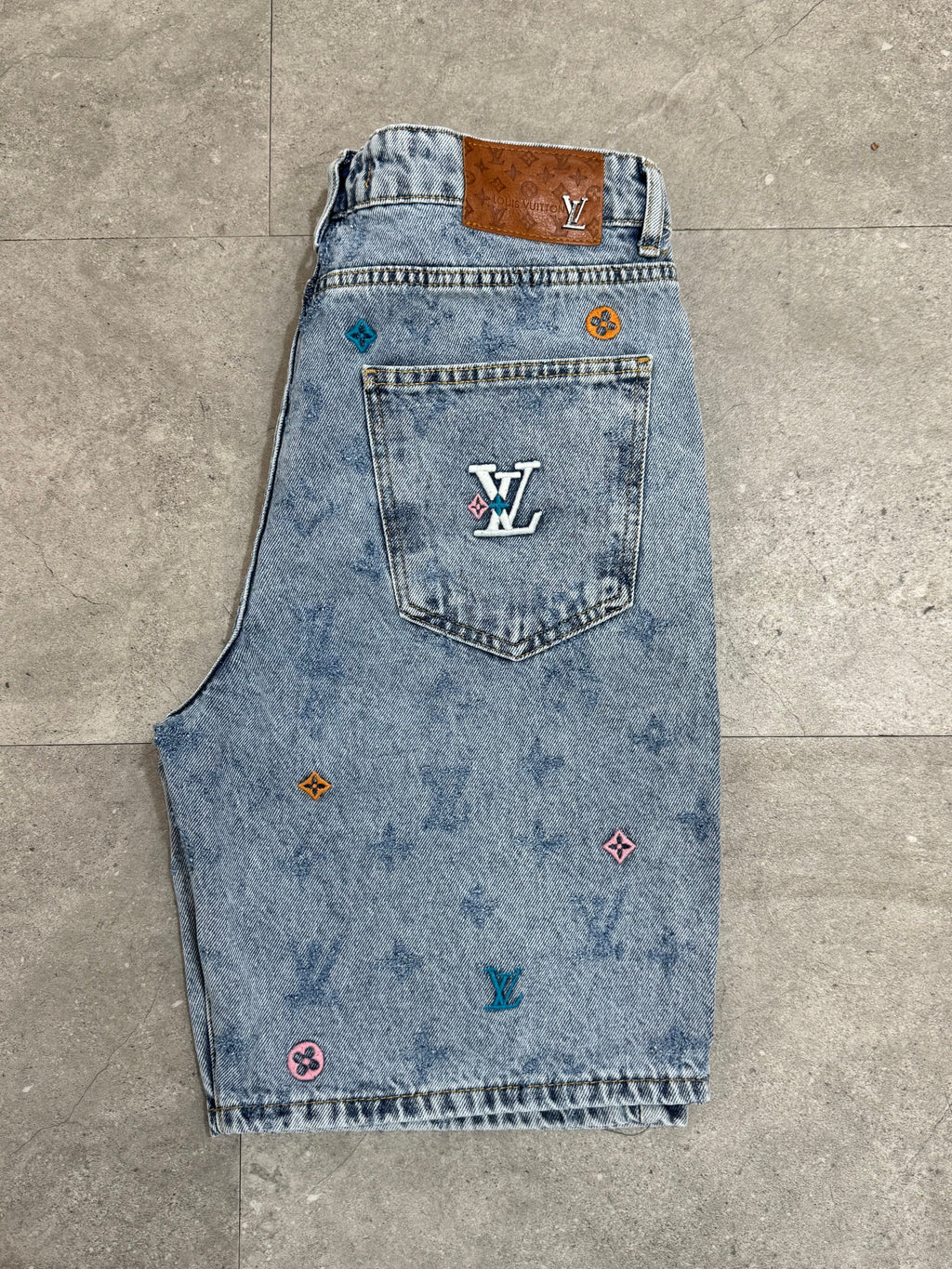 Louis Vuitton Monogram Embroidered Acid Wash Denim Shorts - NEW1655