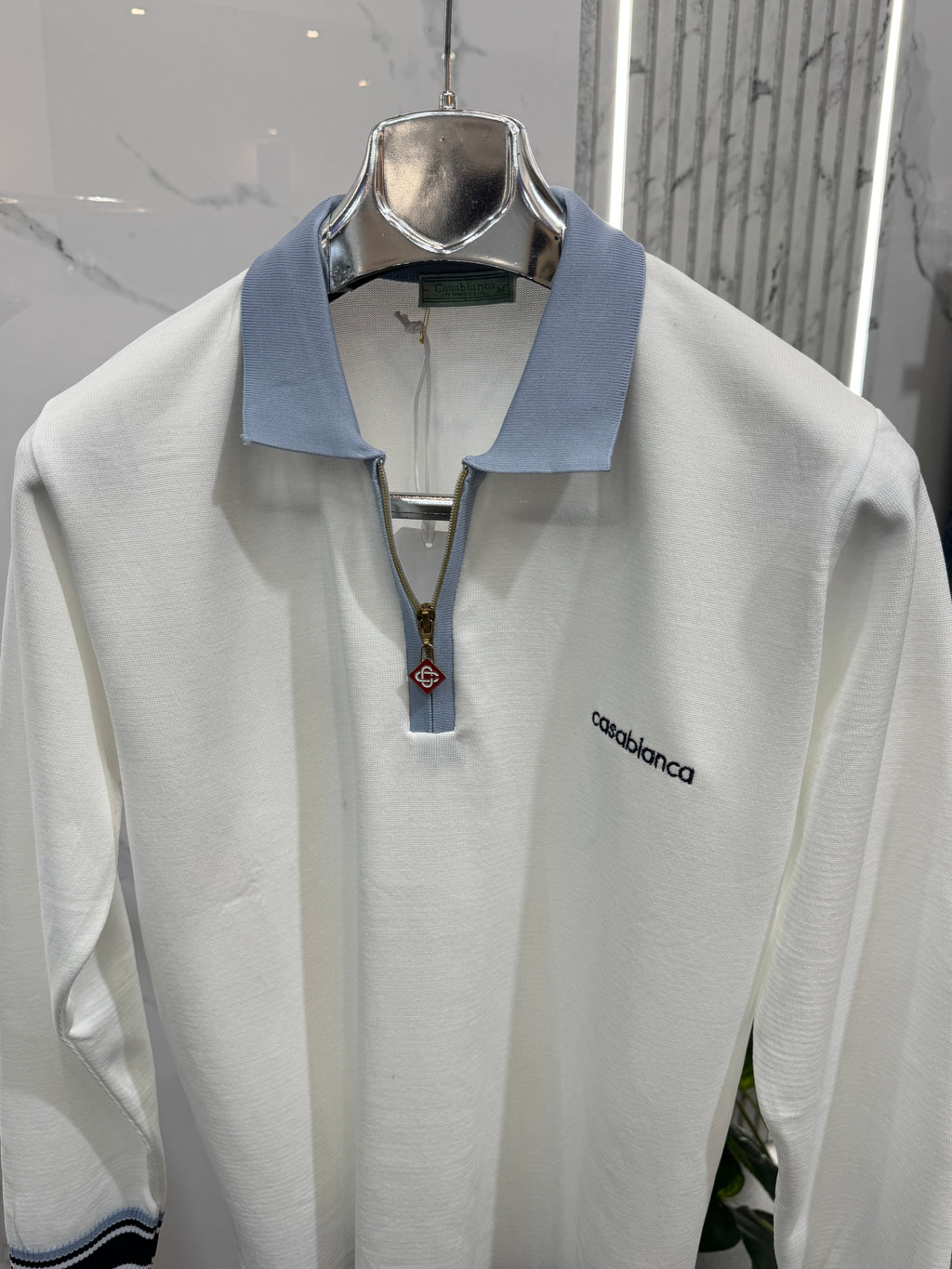 CASABLANCA Long-Sleeve Zip-Collar Polo – White / Light Blue - NEW1865