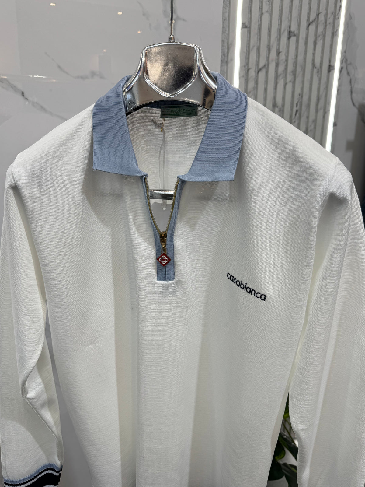 CASABLANCA Long-Sleeve Zip-Collar Polo – White / Light Blue - NEW1865