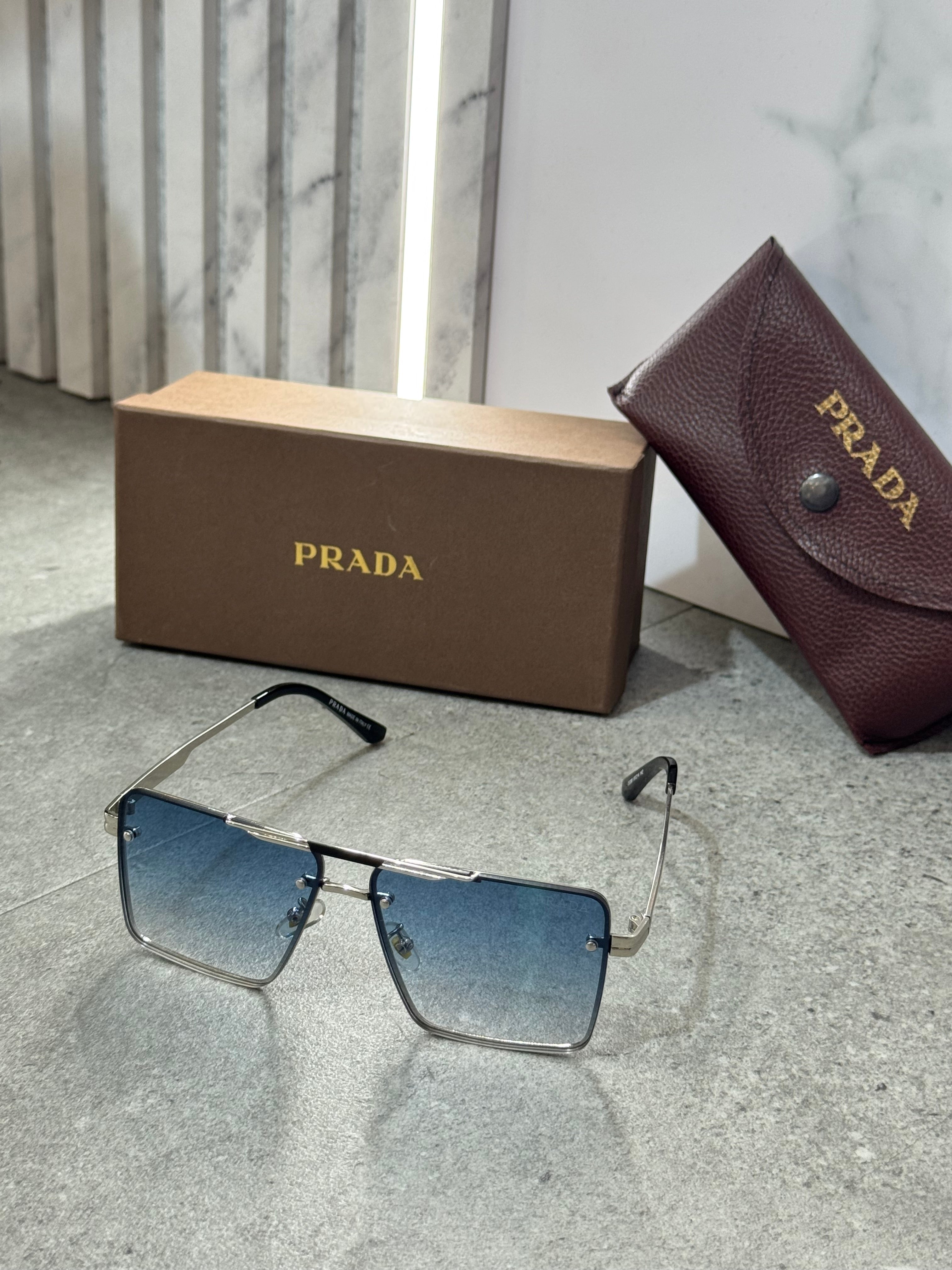 PRADA Rimless Gradient Square Sunglasses – Silver / Blue NEW1795