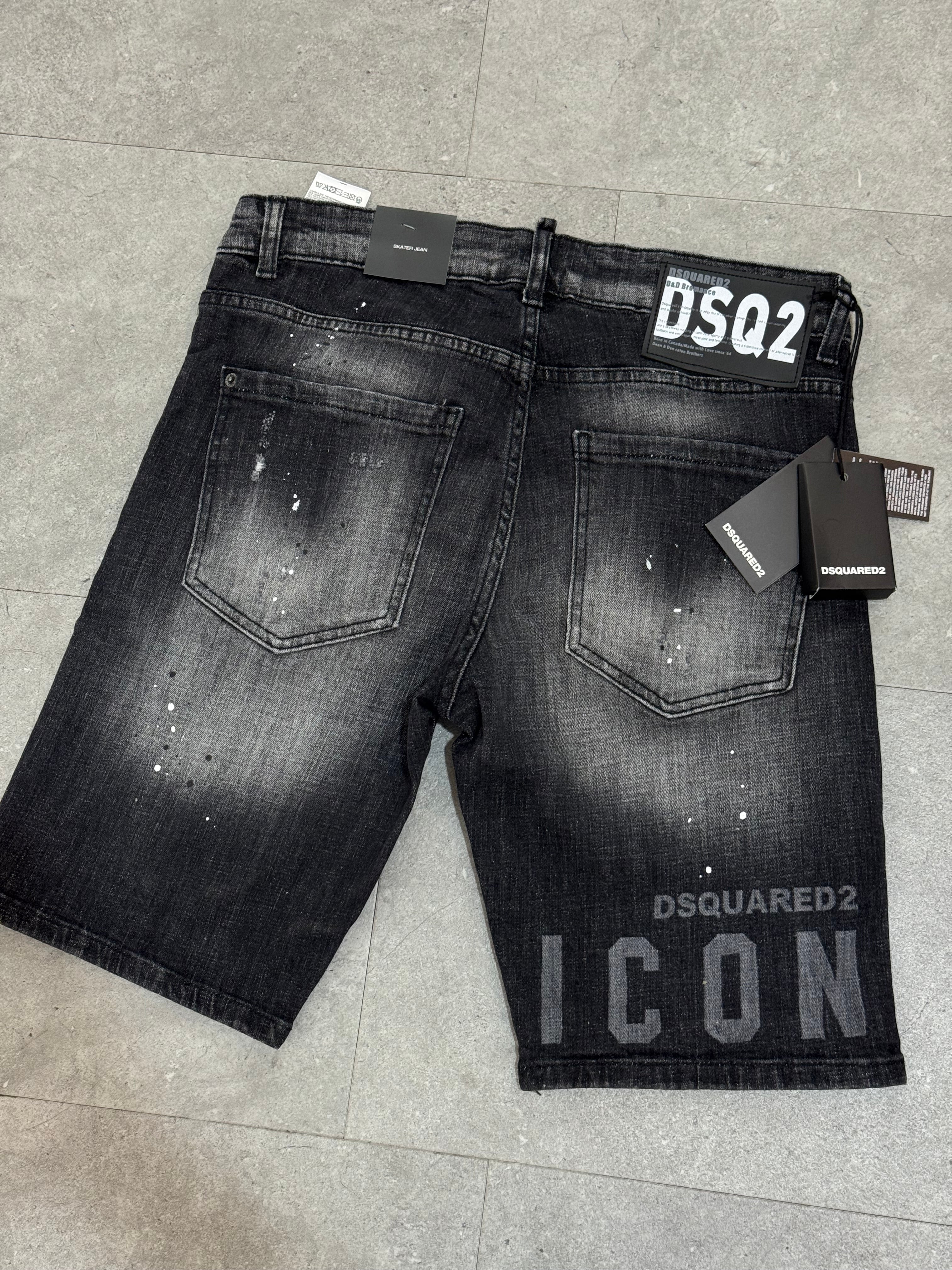 DSQUARED2 Icon Patch & Paint Denim Shorts – Black/Grey - NEW1779