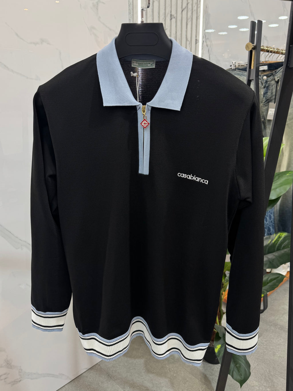 CASABLANCA Long-Sleeve Zip-Collar Polo – Black / Light Blue - NEW1864