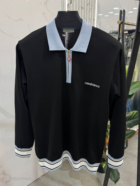CASABLANCA Long-Sleeve Zip-Collar Polo – Black / Light Blue - NEW1864