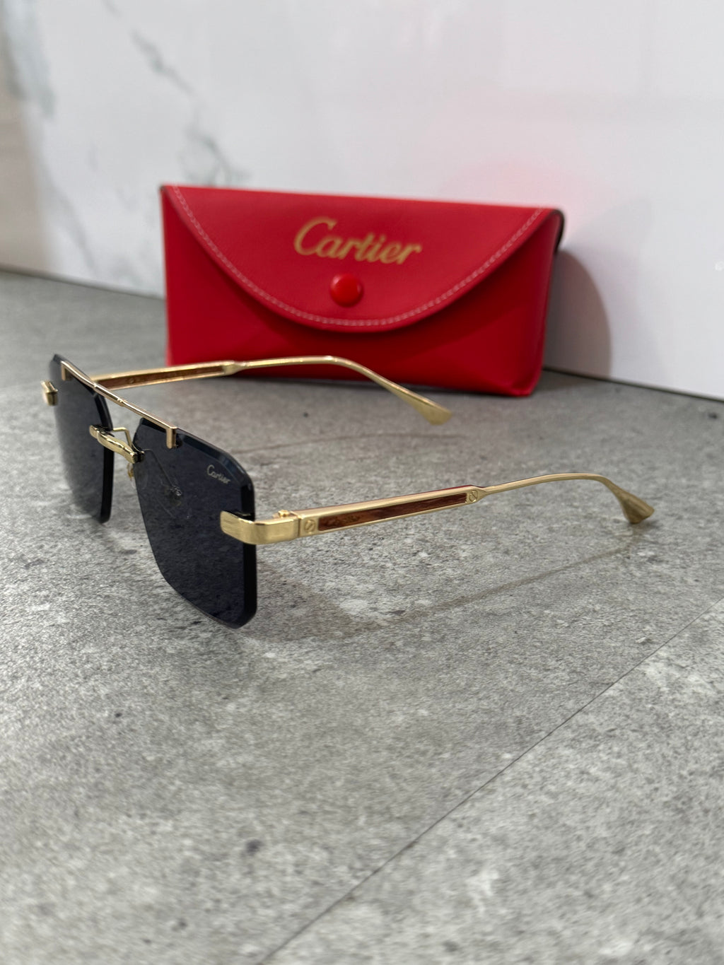 CARTIER Double Bridge Rimless Sunglasses – Gold / Dark Blue - NEW1908
