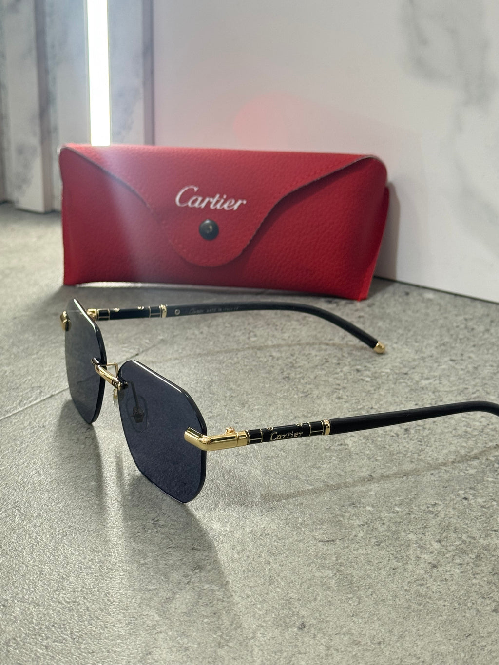 CARTIER Rimless Octagon Sunglasses – Gold / Dark Blue NEW1797