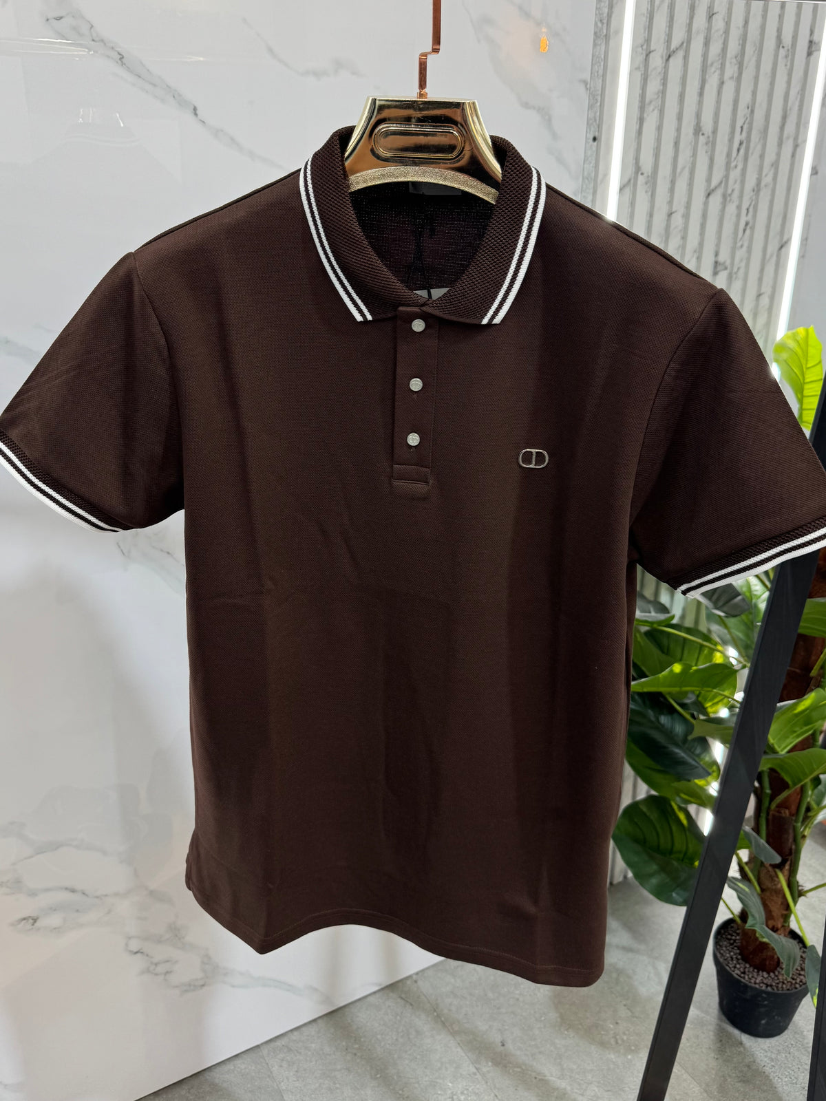 DIOR Tipped Collar CD Embroidered Short-Sleeve Polo Shirt – Brown - NEW1968