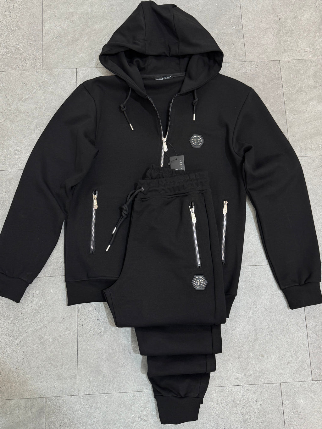 PHILIPP PLEIN Hexagon Logo Zip-Up Tracksuit – Black - NEW1945