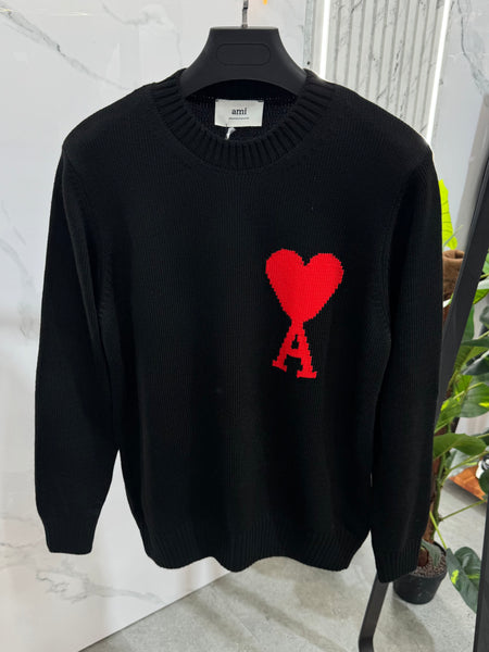 AMI PARIS Ami de Coeur Intarsia Knit Sweater – Black - NEW1952
