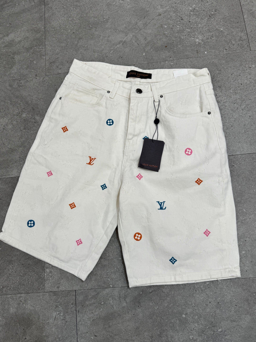 Louis Vuitton Monogram Embroidered White Denim Shorts - NEW1654